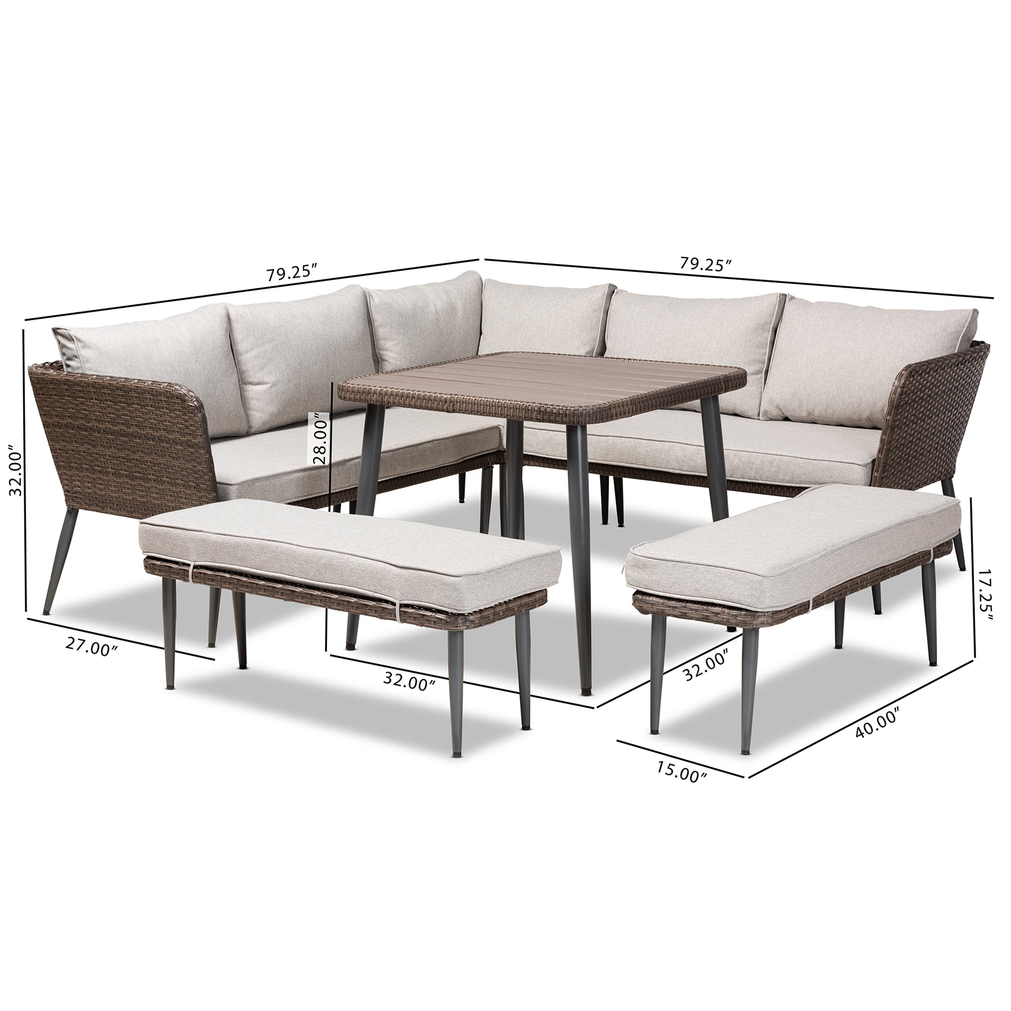 Lillian Modern Sofas & Benches & Table 5-Piece-Outdoor Set-Baxton Studio - WI-Wall2Wall Furnishings