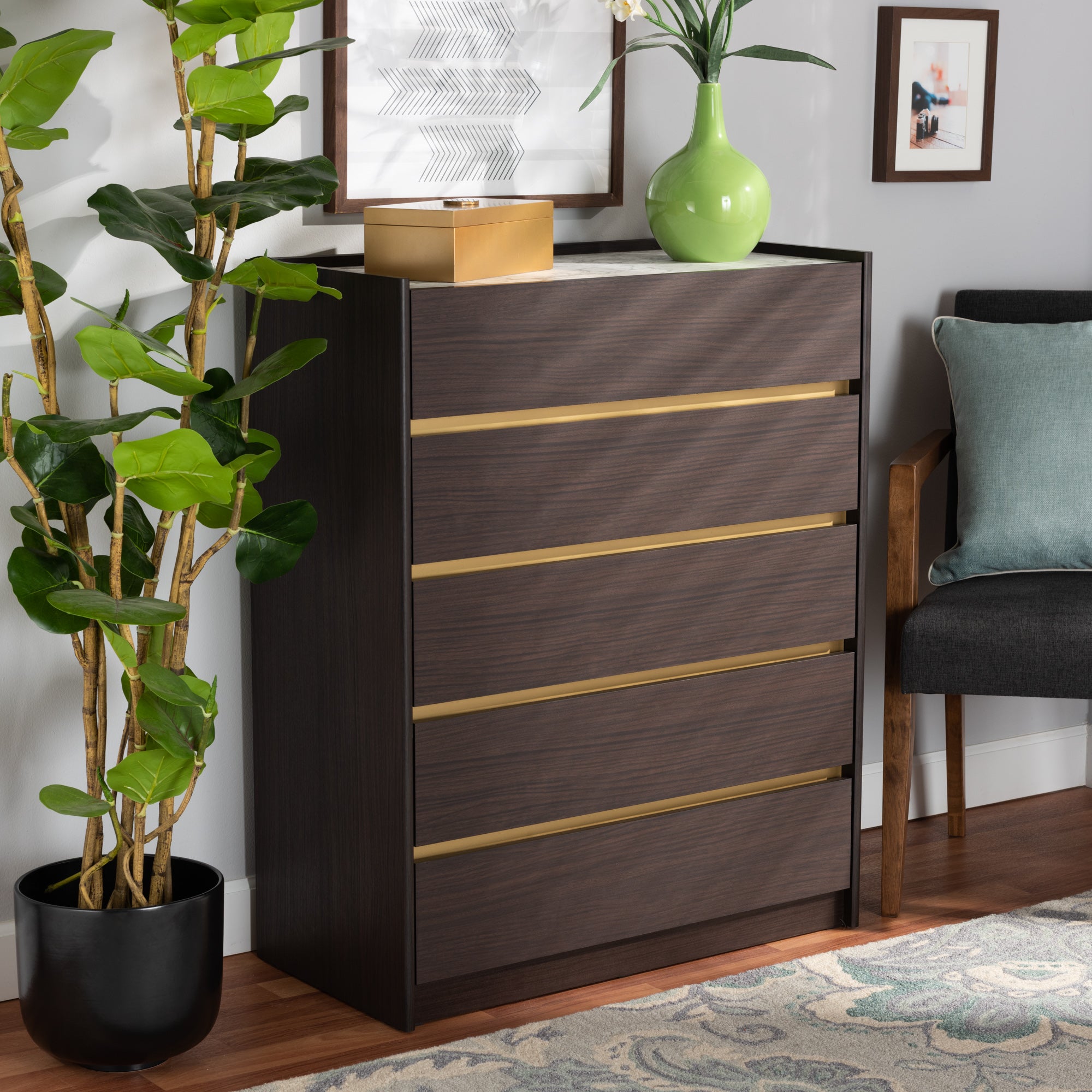 Walker Contemporary Chest 5-Drawer with Faux Marble Top-Chest-Baxton Studio - WI-Wall2Wall Furnishings