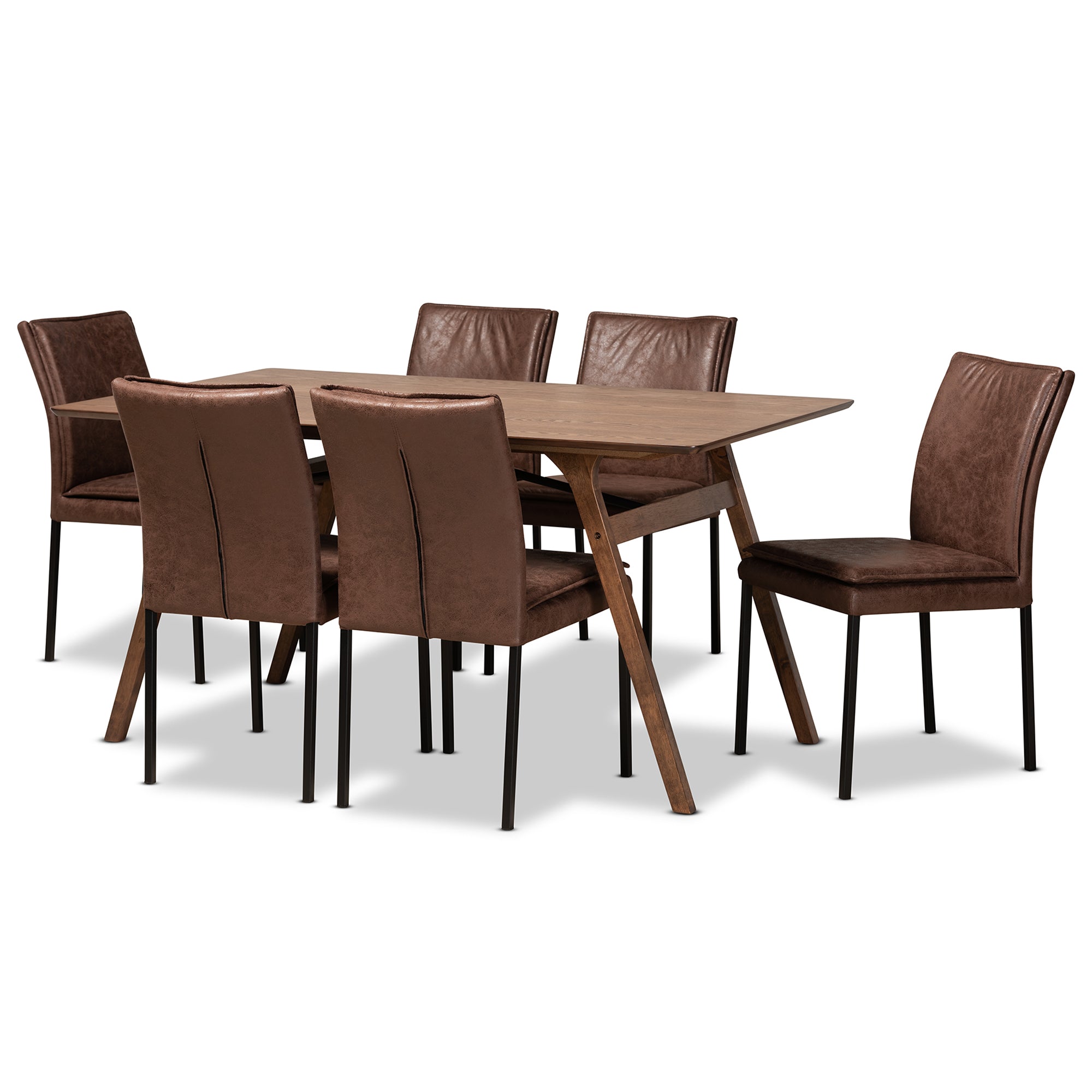 Gerard Modern Table & Six (6) Dining Chairs 7-Piece with Walnut Brown Finished Wood 7-Piece Dining Set-Dining Set-Baxton Studio - WI-Wall2Wall Furnishings