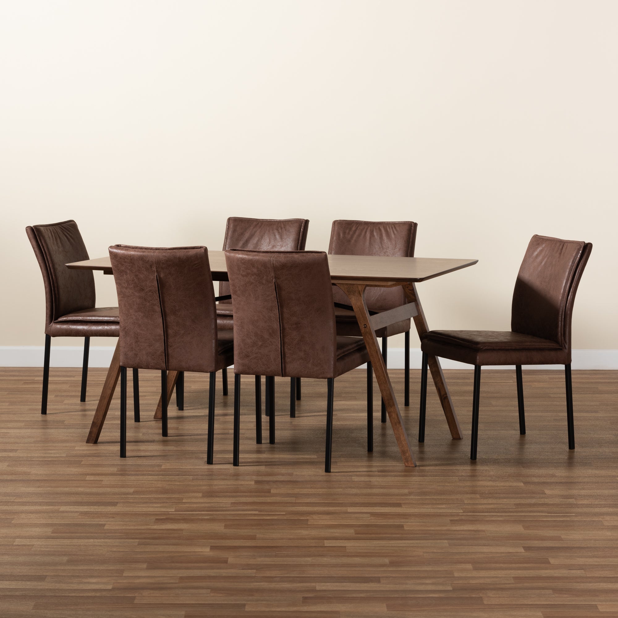 Gerard Modern Table & Six (6) Dining Chairs 7-Piece with Walnut Brown Finished Wood 7-Piece Dining Set-Dining Set-Baxton Studio - WI-Wall2Wall Furnishings