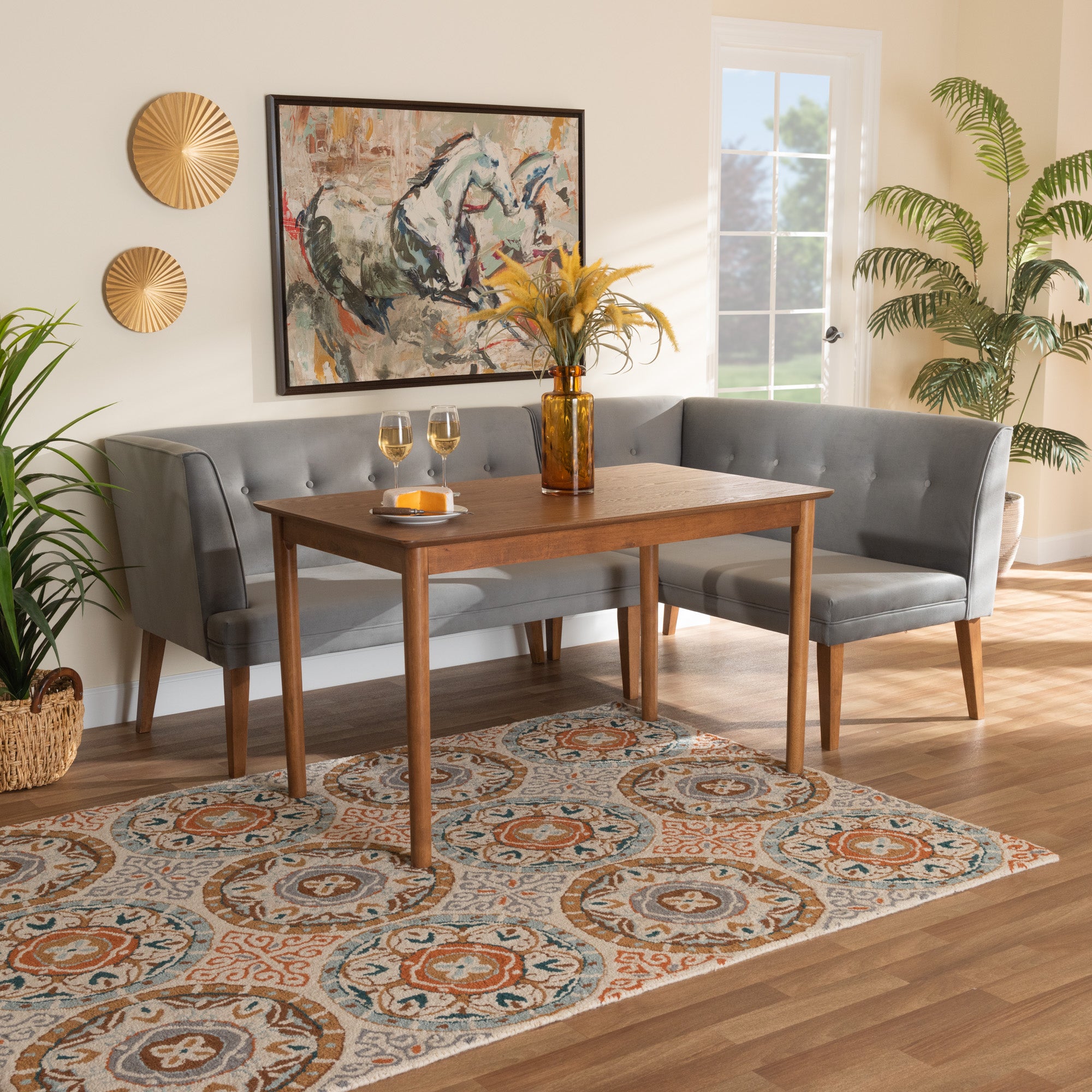 Stewart Mid-Century Table & 2-Seater Dining Bench & Corner Bench-Dining Set-Baxton Studio - WI-Wall2Wall Furnishings