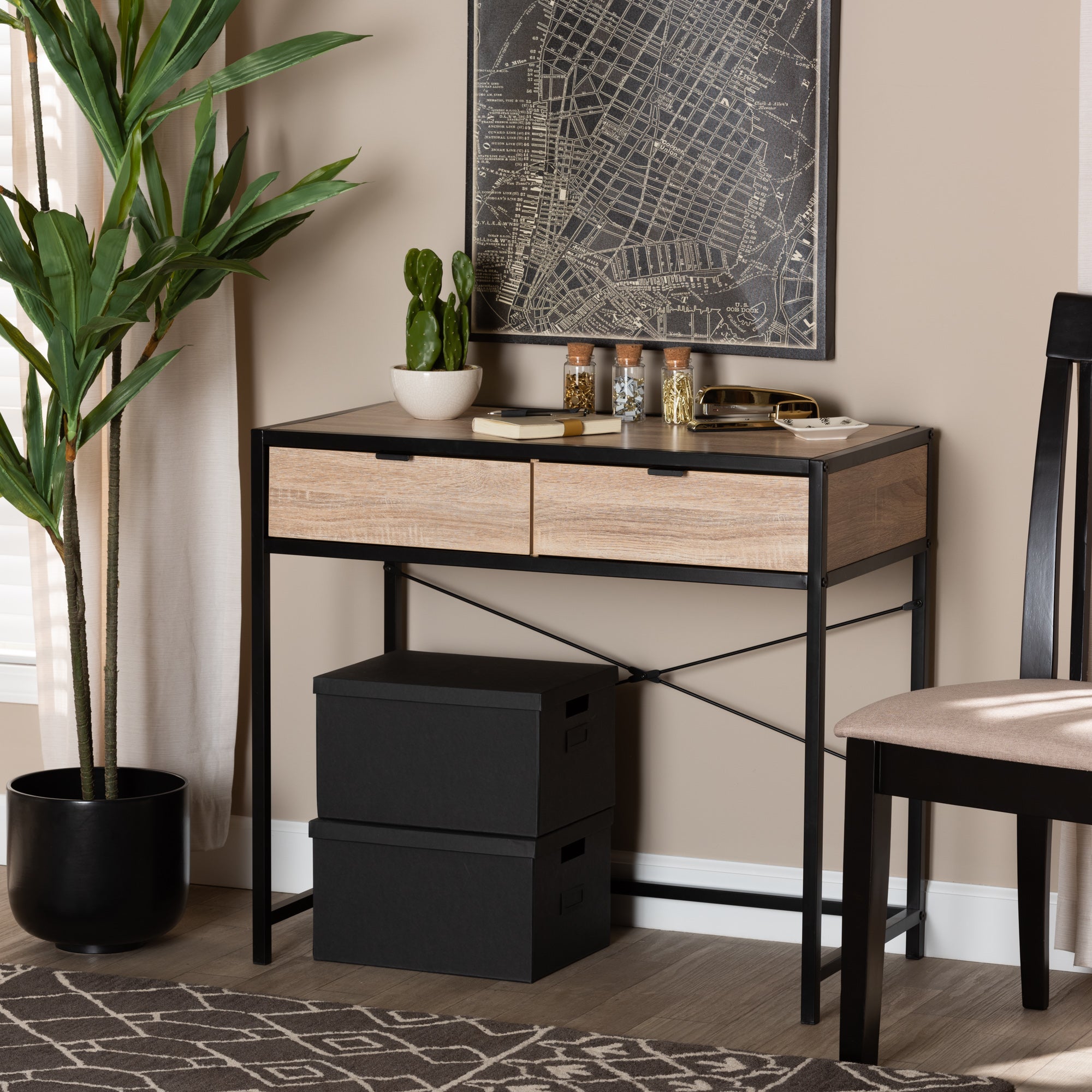 Grayer Industrial Desk 2-Drawer-Desk-Baxton Studio - WI-Wall2Wall Furnishings