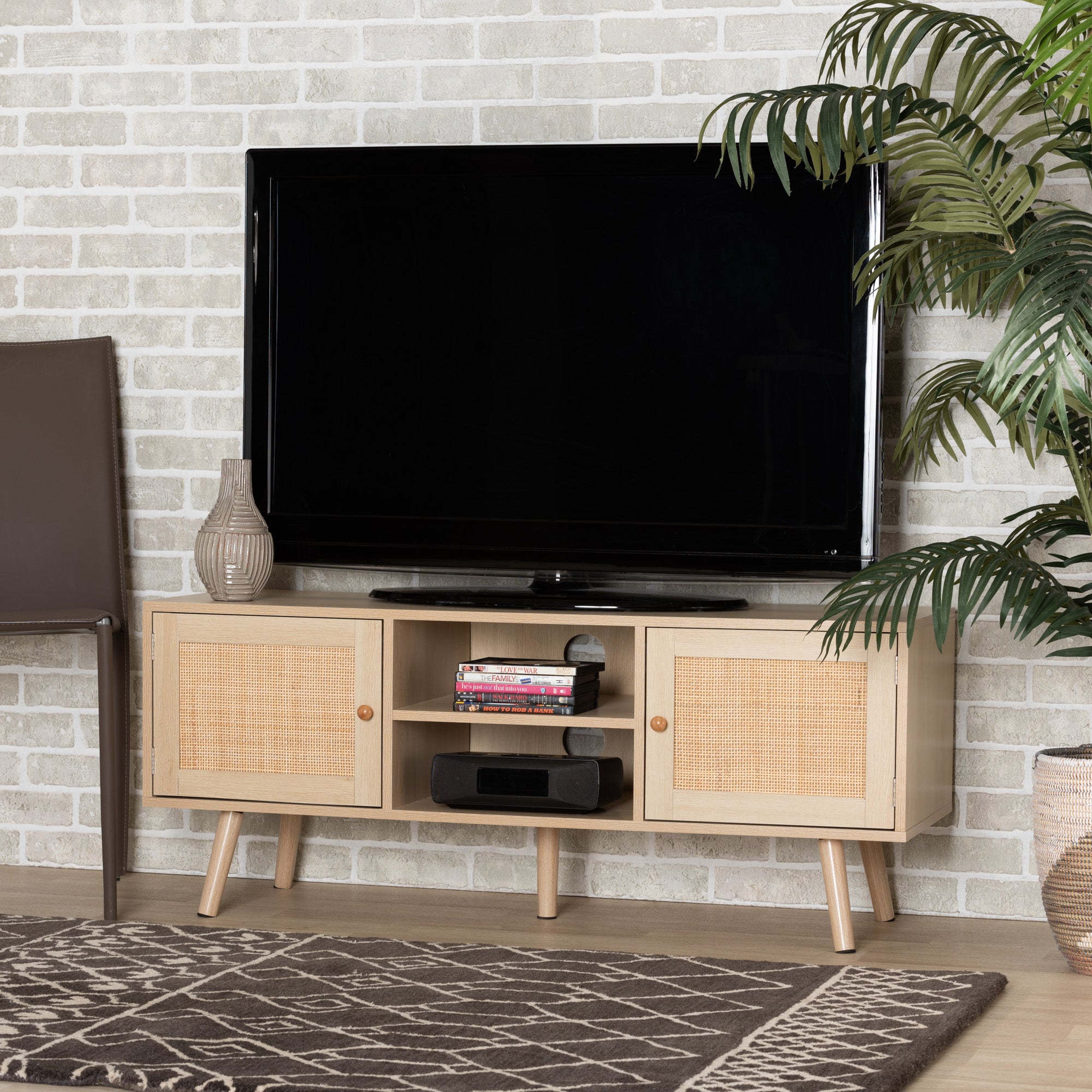 Sebille Mid-Century TV Stand with Natural Rattan-TV Stand-Baxton Studio - WI-Wall2Wall Furnishings