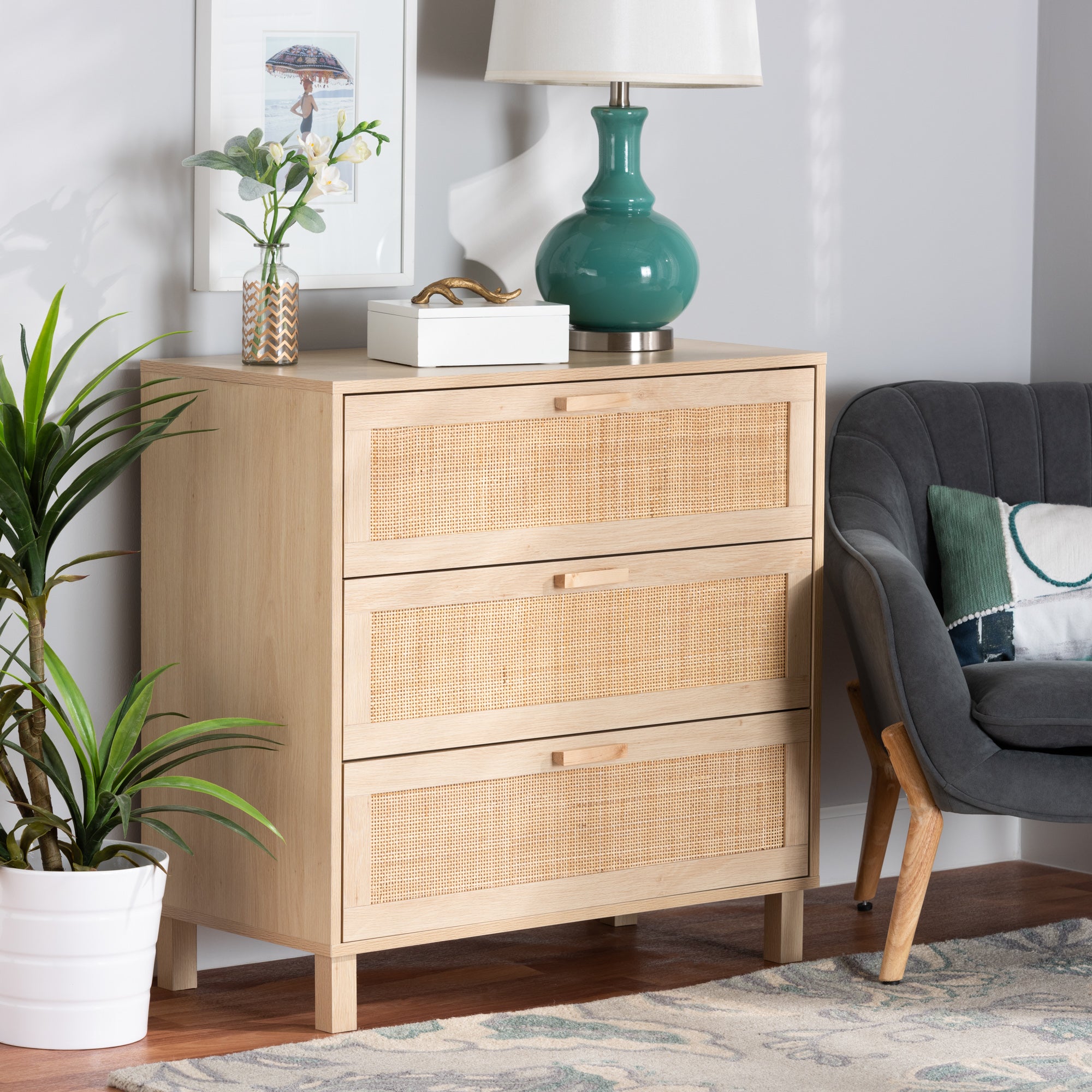 Sebille Mid-Century Chest with Natural Rattan-Chest-Baxton Studio - WI-Wall2Wall Furnishings