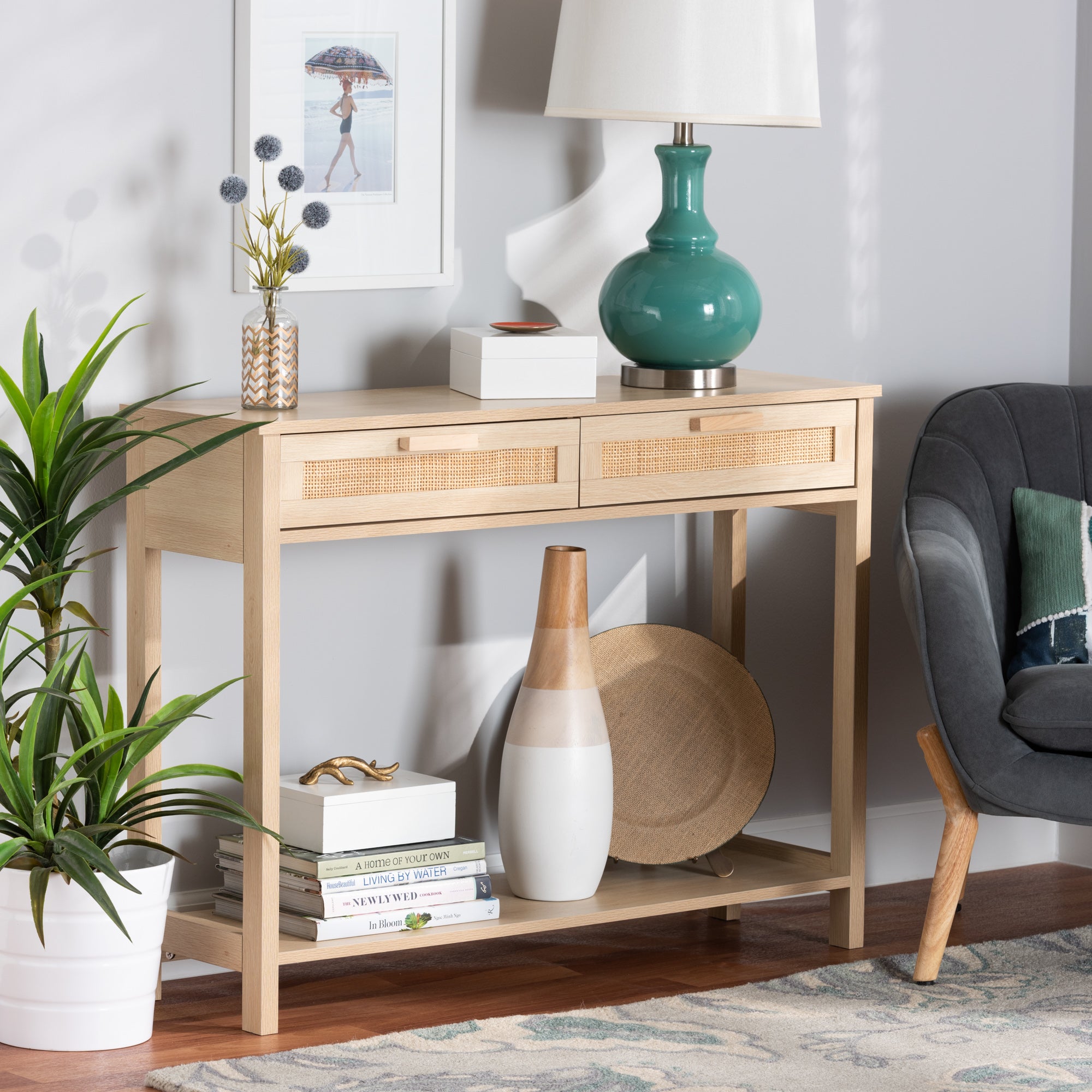 Sebille Mid-Century Console Table with Natural Rattan-Console Table-Baxton Studio - WI-Wall2Wall Furnishings