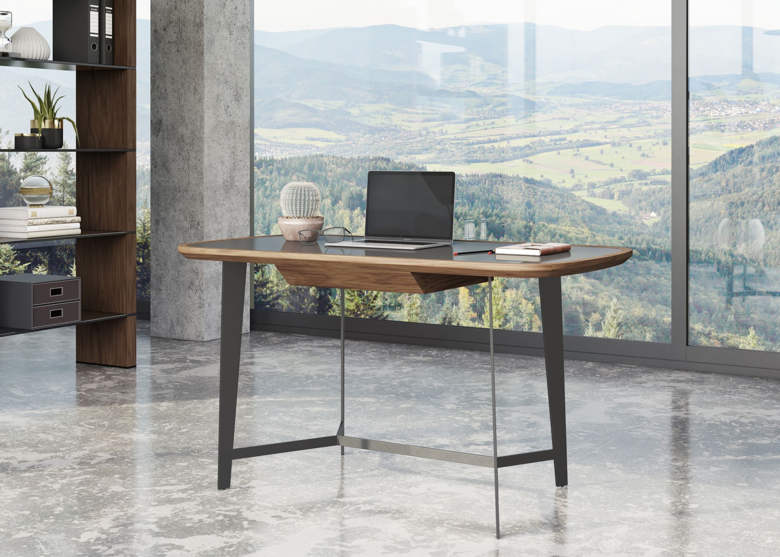 Modrest Girard - Modern Walnut & Black Glass Desk-Desk-VIG-Wall2Wall Furnishings