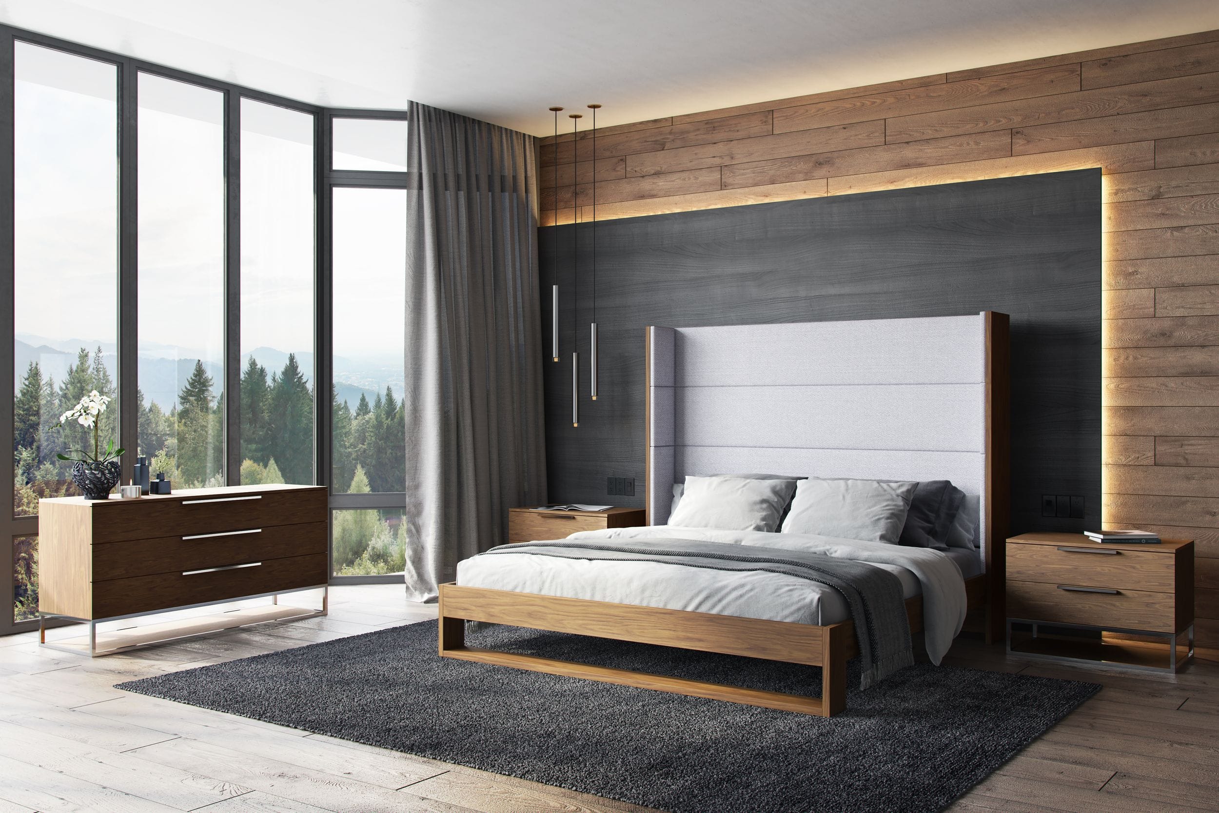 Modrest Heloise - Contemporary Grey Fabric & Walnut Trim Bed-Bed-VIG-Wall2Wall Furnishings