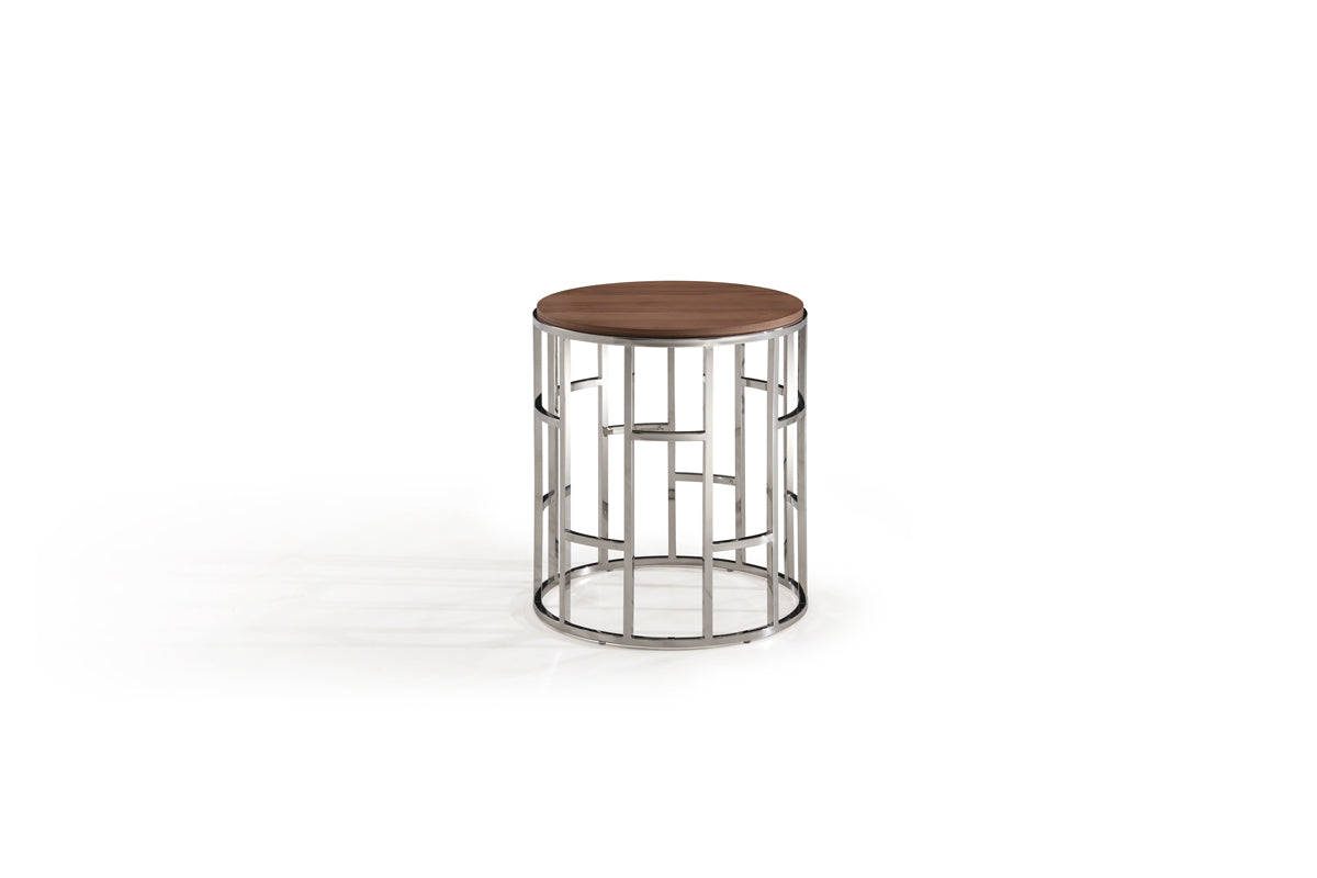 Modrest Silvia Modern Walnut & Stainless Steel End Table-End Table-VIG-Wall2Wall Furnishings
