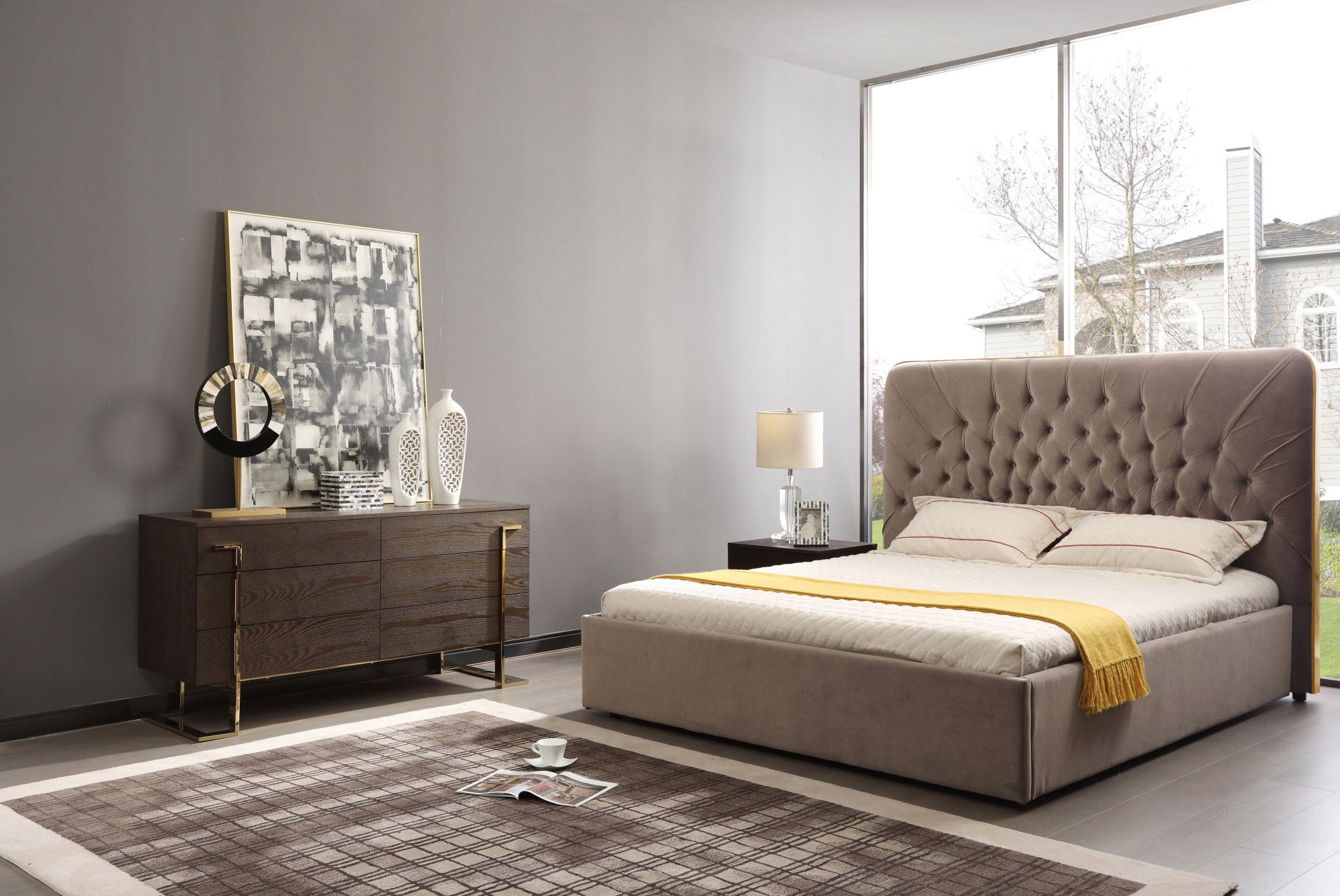 Modrest Moontide - Eastern King Glam Beige Velvet and Brushed Brass Bed-Bed-VIG-Wall2Wall Furnishings