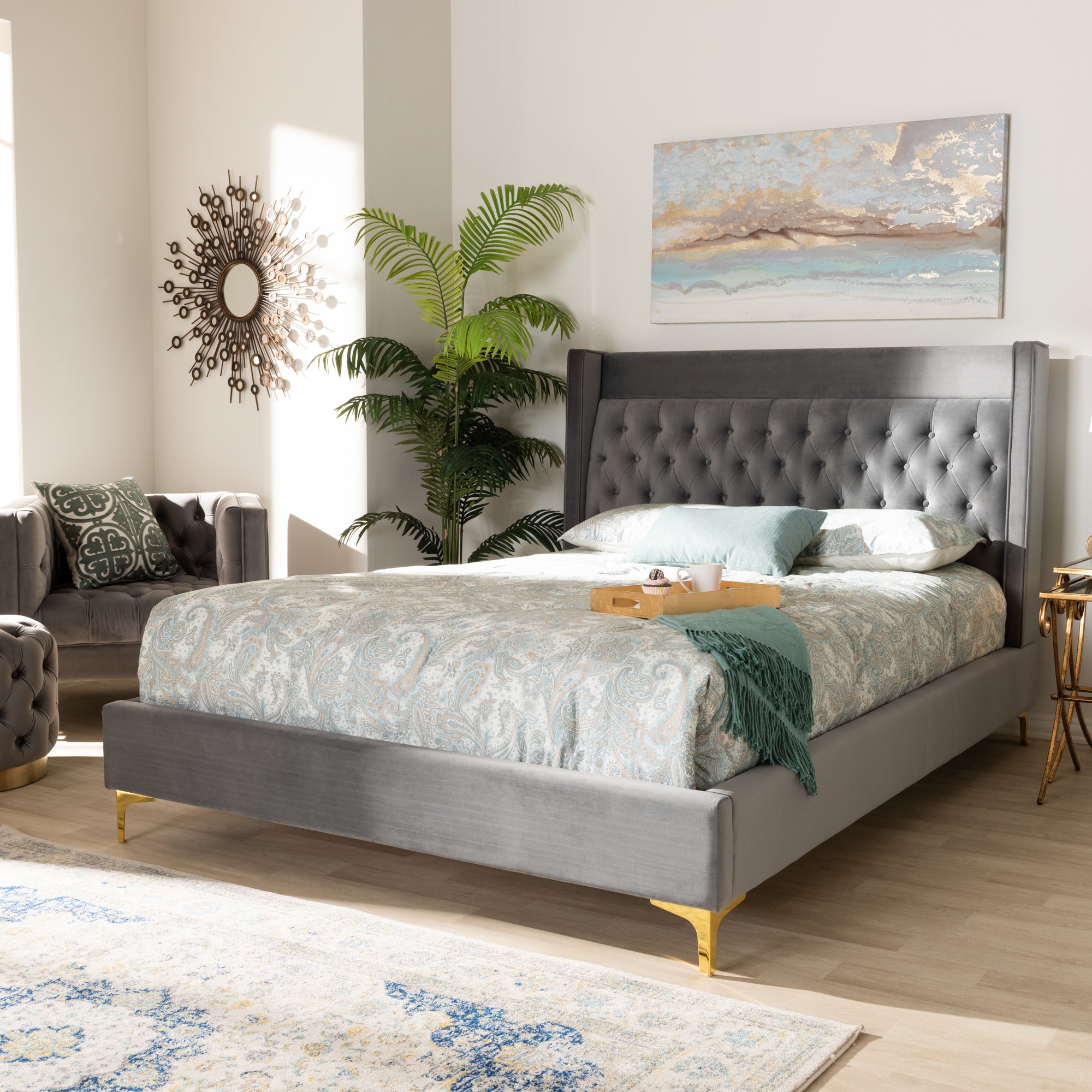 Valery Contemporary Bed Gold-Finished with Gold-Finished Legs-Bed-Baxton Studio - WI-Wall2Wall Furnishings