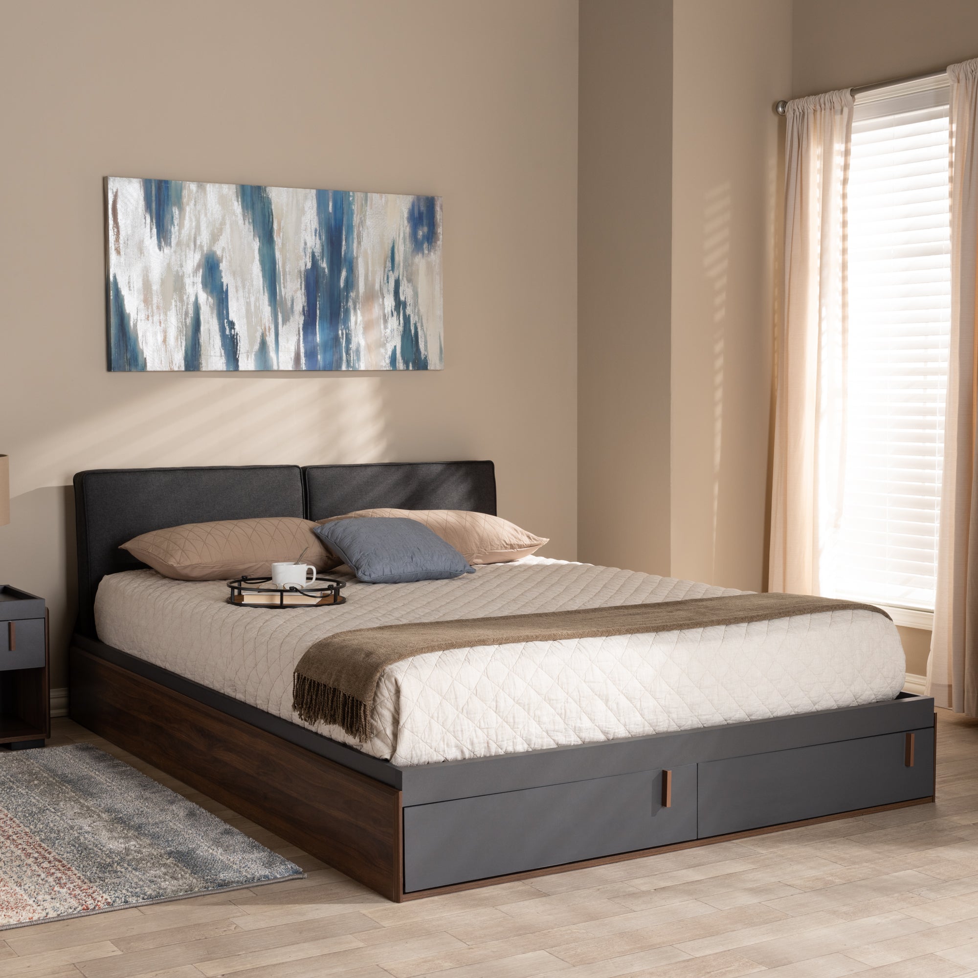 Rikke Contemporary Bed Two-Tone with Gray Fabric Upholstered Headboard-Bed-Baxton Studio - WI-Wall2Wall Furnishings