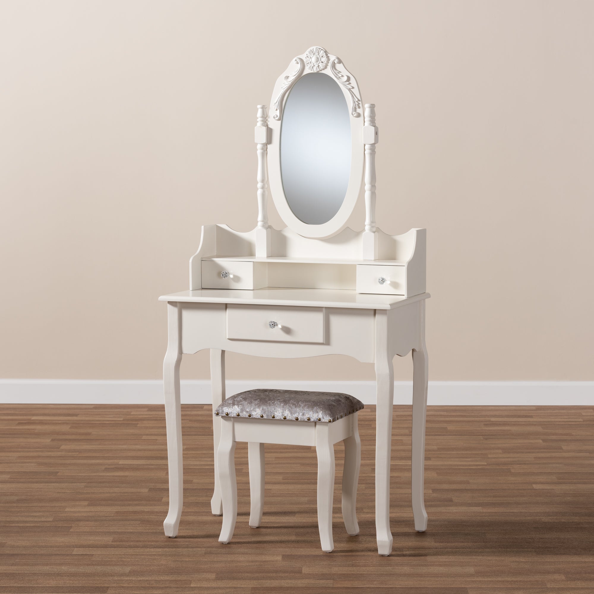 Veronique French Provincial Vanity Table & Stool 2-Piece with Mirror and Ottoman-Vanity Table-Baxton Studio - WI-Wall2Wall Furnishings
