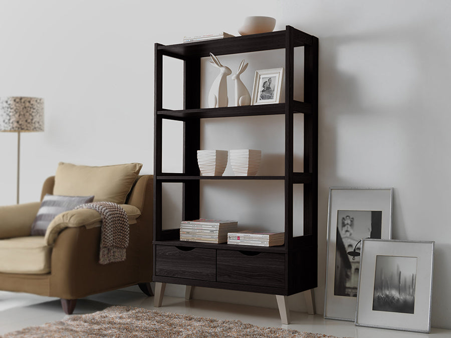 Kalien Contemporary Bookcase with Display Shelves and Two Drawers-Bookcase-Baxton Studio - WI-Wall2Wall Furnishings
