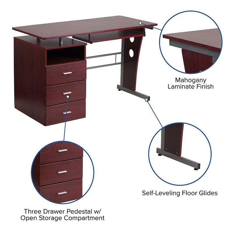 Computer Desk with Three Drawer Single Pedestal and Pull-Out Keyboard Tray-Desk-Flash Furniture-Wall2Wall Furnishings