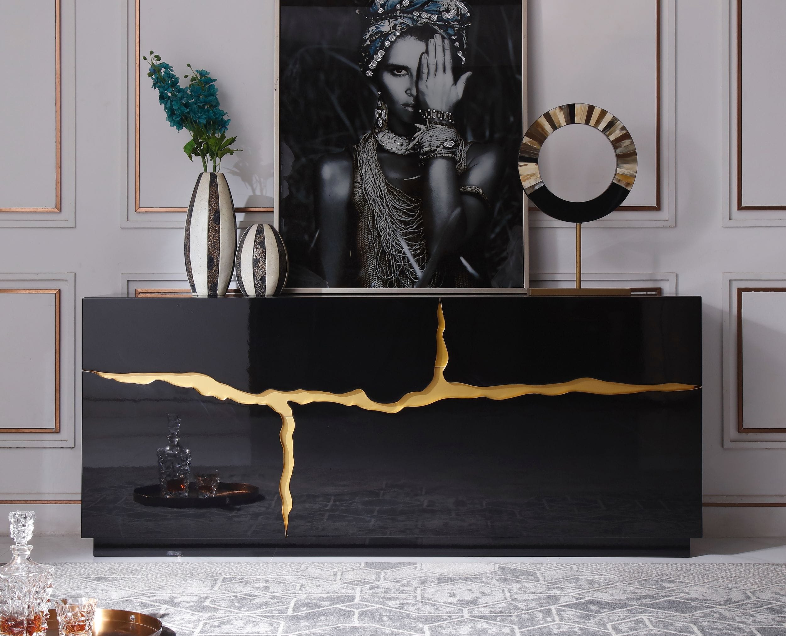Modrest Aspen - Modern High Gloss Black & Gold Buffet-Buffet-VIG-Wall2Wall Furnishings