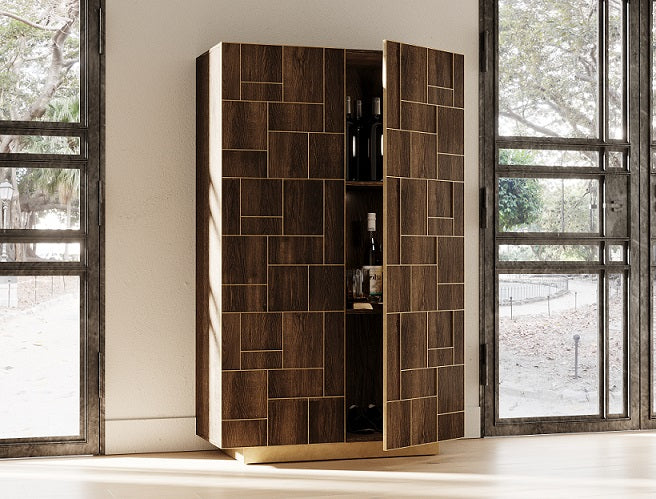 Modrest Auer- Brown Oak & Gold Wine Rack Cabinet-Wine Cabinet-VIG-Wall2Wall Furnishings