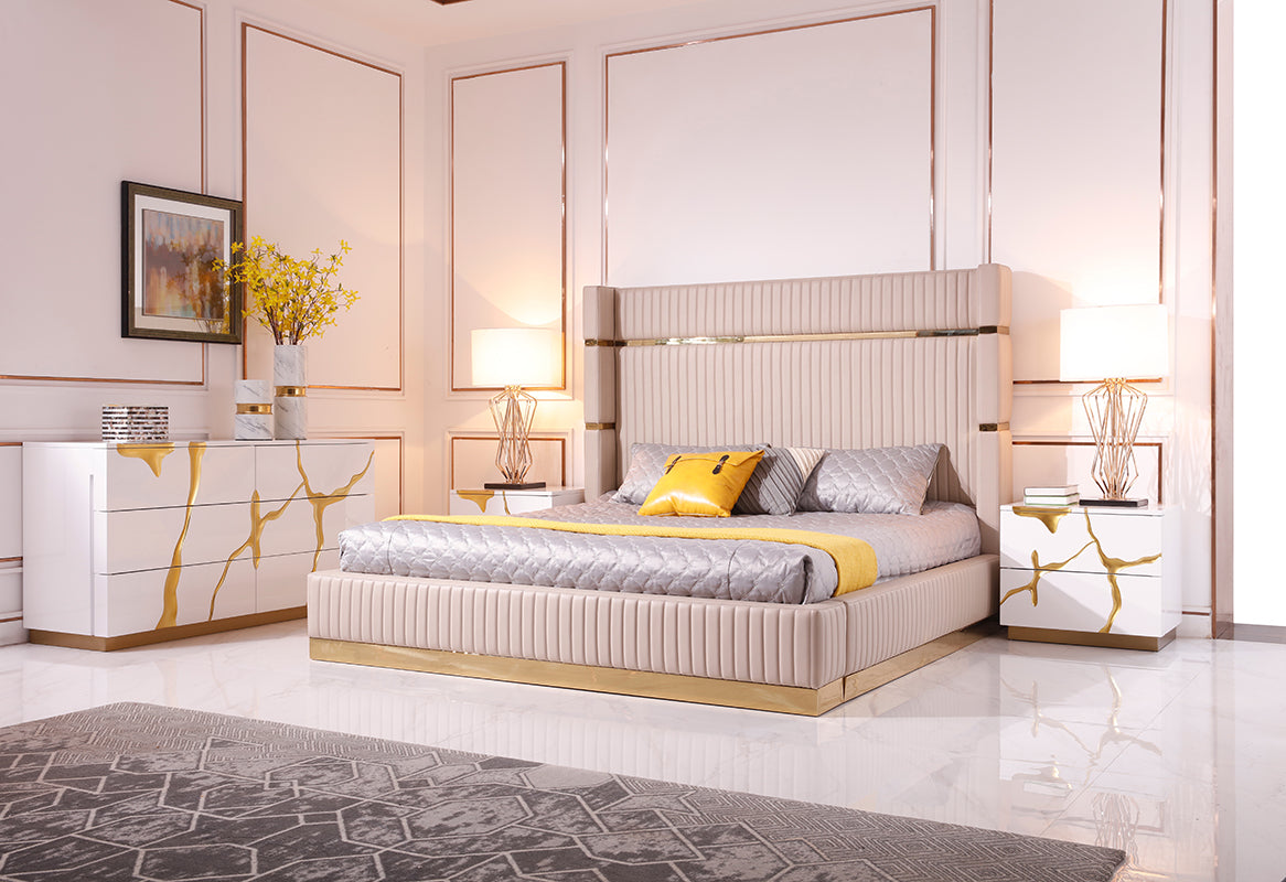 Modrest Aspen Modern Beige Bonded Leather & Gold Bed-Bed-VIG-Wall2Wall Furnishings