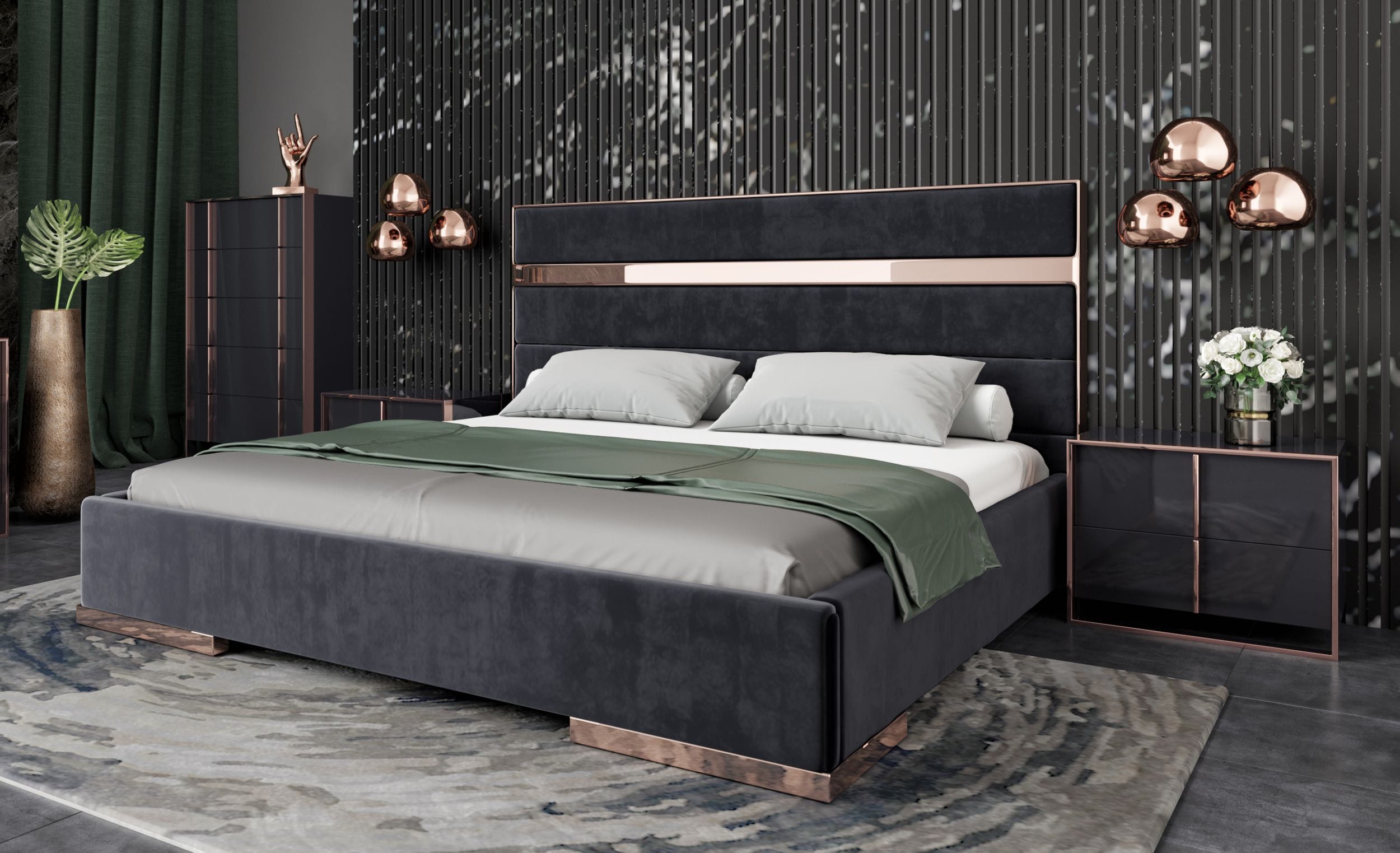 Nova Domus Cartier Modern Black Velvet & Rosegold Bed-Bed-VIG-Wall2Wall Furnishings