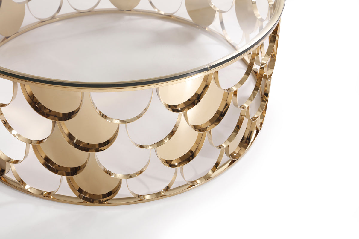 Modrest Javier Modern Glass & Gold Round Coffee Table-Coffee Table-VIG-Wall2Wall Furnishings