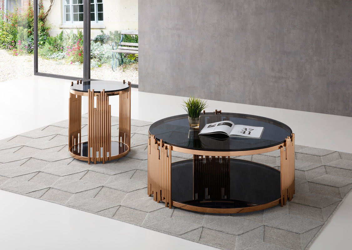 Modrest Bryce Modern Smoked Glass & Rosegold Round Coffee Table-Coffee Table-VIG-Wall2Wall Furnishings