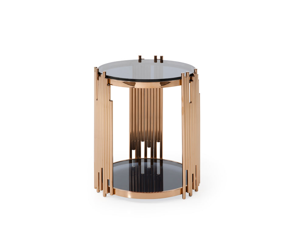 Modrest Bryce Modern Smoked Glass & Rosegold Round End Table-End Table-VIG-Wall2Wall Furnishings