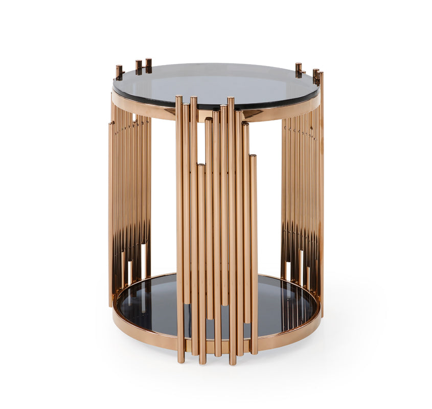 Modrest Bryce Modern Smoked Glass & Rosegold Round End Table-End Table-VIG-Wall2Wall Furnishings