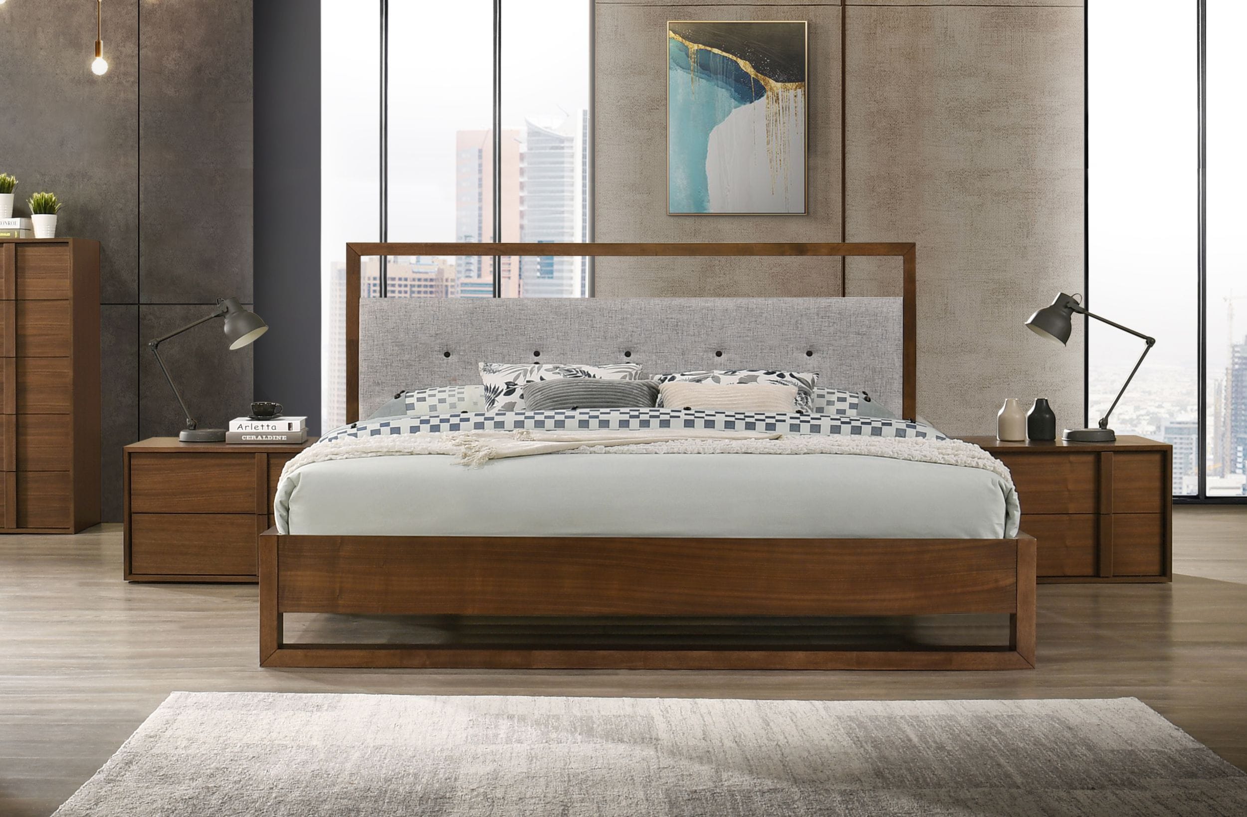 Nova Domus Falcor - Modern Grey Fabric & Walnut Veneer Bed-Bed-VIG-Wall2Wall Furnishings