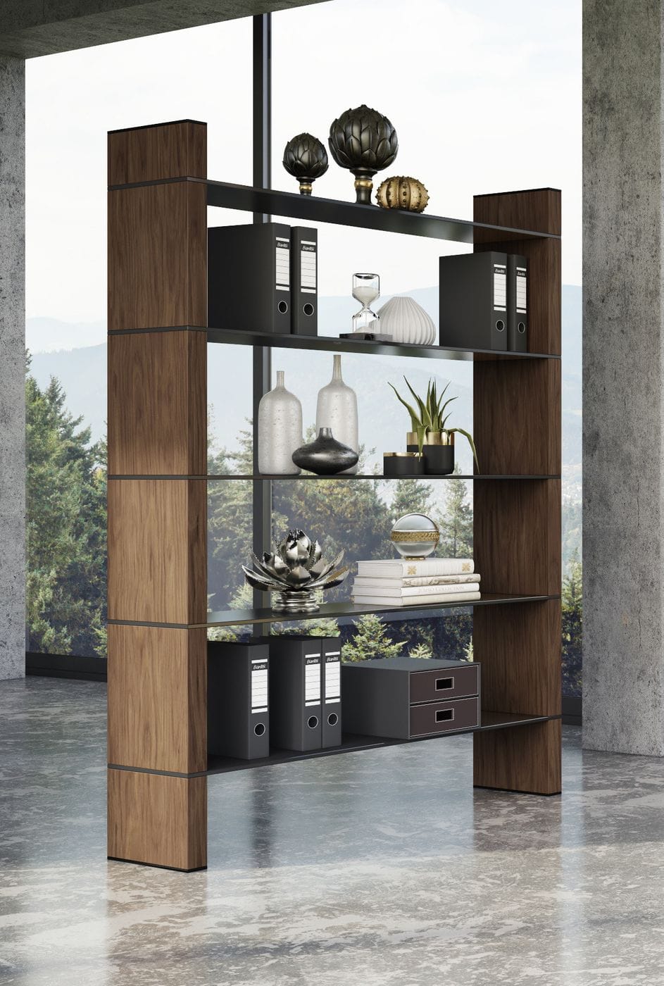 Modrest Glencoe - Modern Walnut & Black Glass Bookshelf-Shelf Unit-VIG-Wall2Wall Furnishings