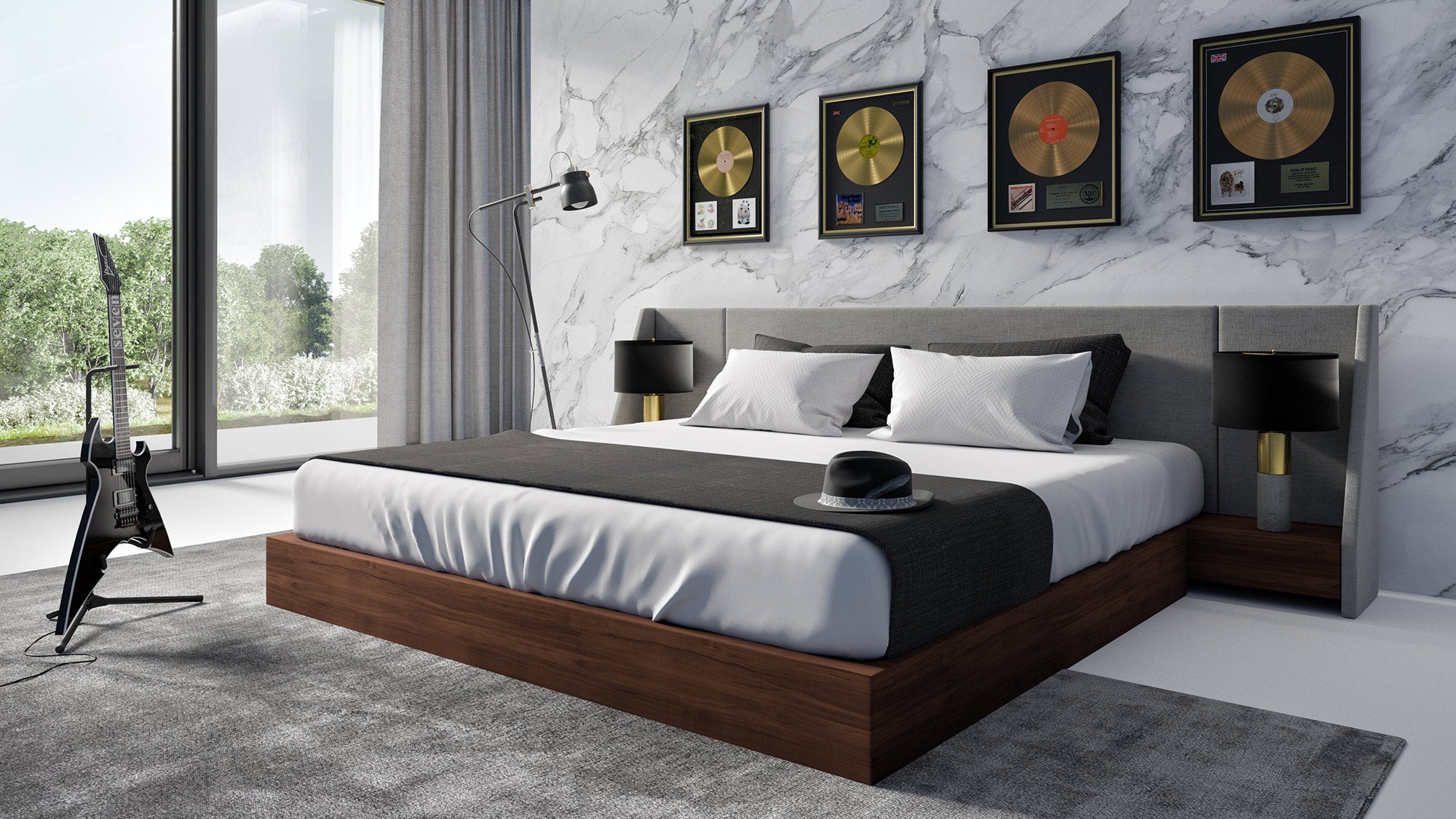 Nova Domus Janice - Modern Grey Fabric and Walnut Bed and Nightstands-Bed-VIG-Wall2Wall Furnishings