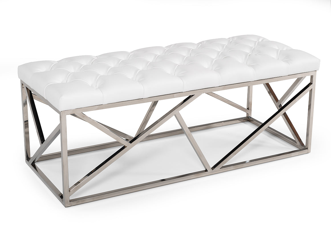 Modrest Lindsey Modern White Leatherette & Stainless Steel Bench-Bench-VIG-Wall2Wall Furnishings