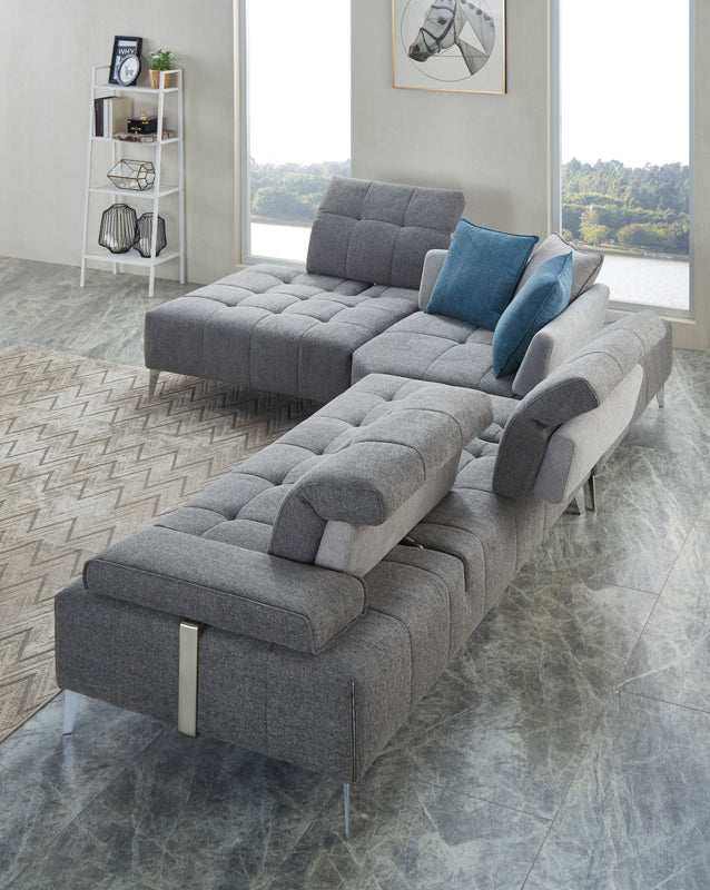 Divani Casa Nash - Modern Grey Fabric Sectional Sofa Adjustable Backrest-Sectional Sofa-VIG-Wall2Wall Furnishings