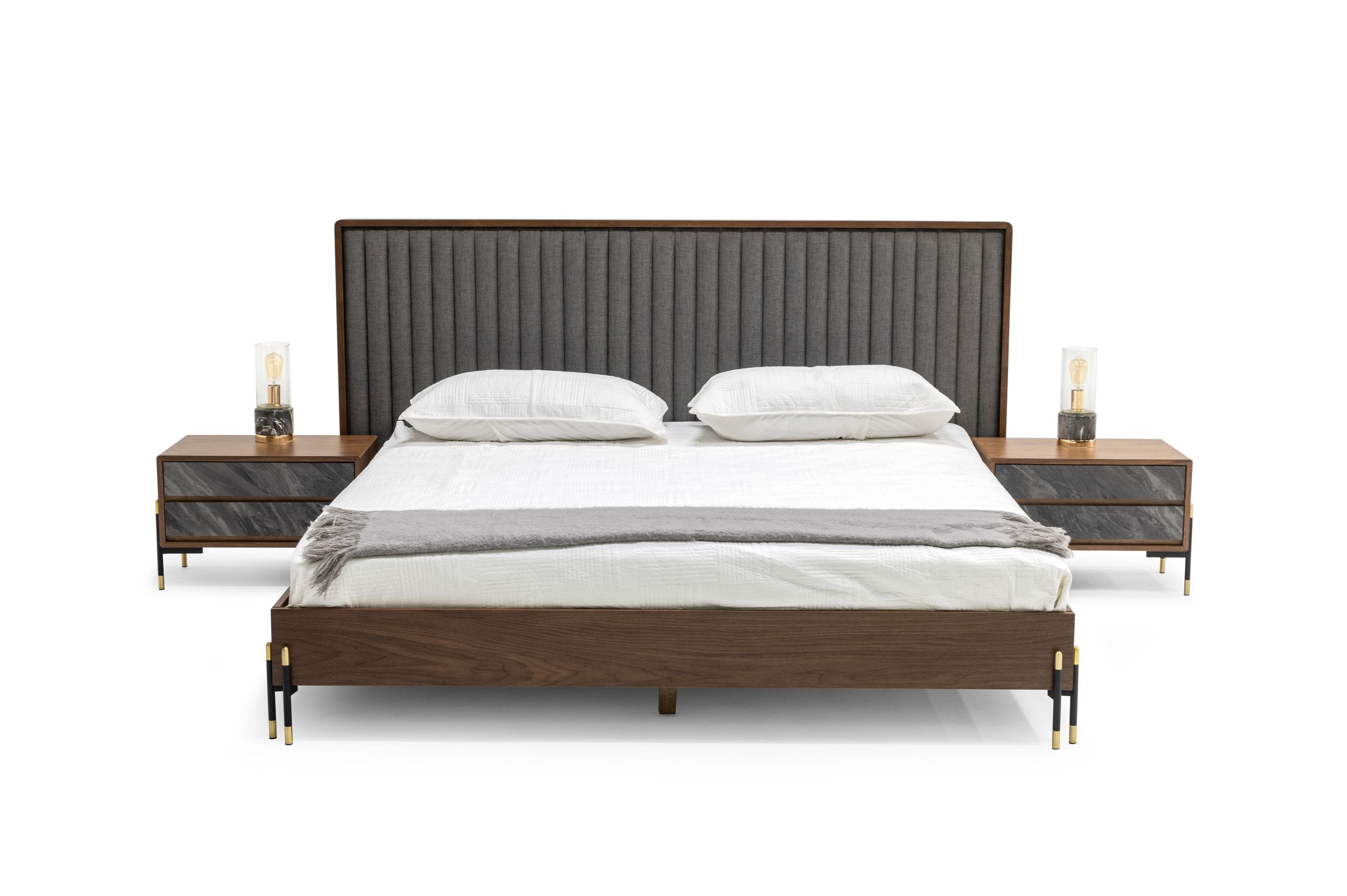Nova Domus Metcalf - Mid-Century Walnut & Grey Bed w/ Two Nightstands-Bed-VIG-Wall2Wall Furnishings
