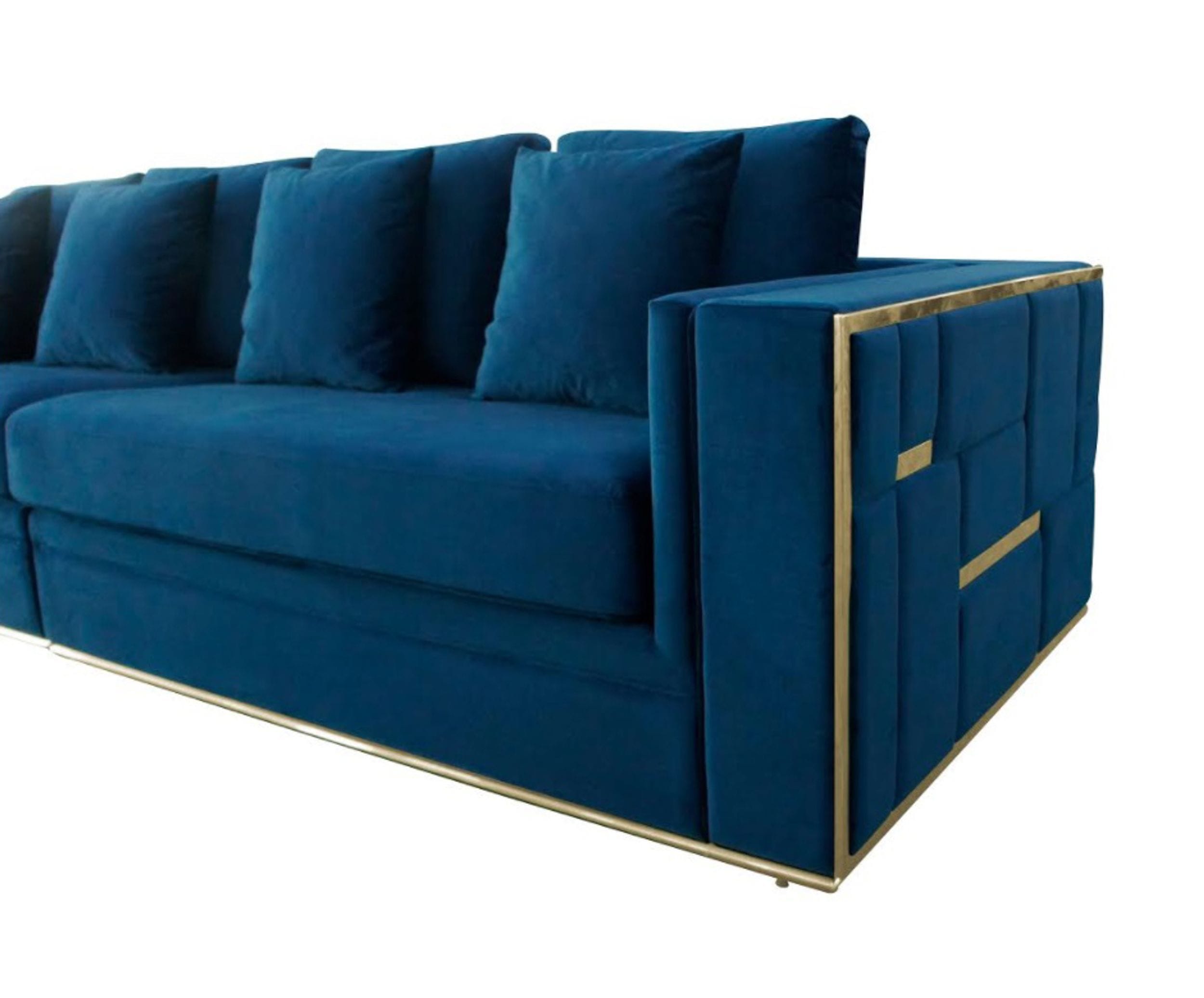 Divani Casa Mobray - Glam Blue & Gold Fabric Sofa-Sofa-VIG-Wall2Wall Furnishings
