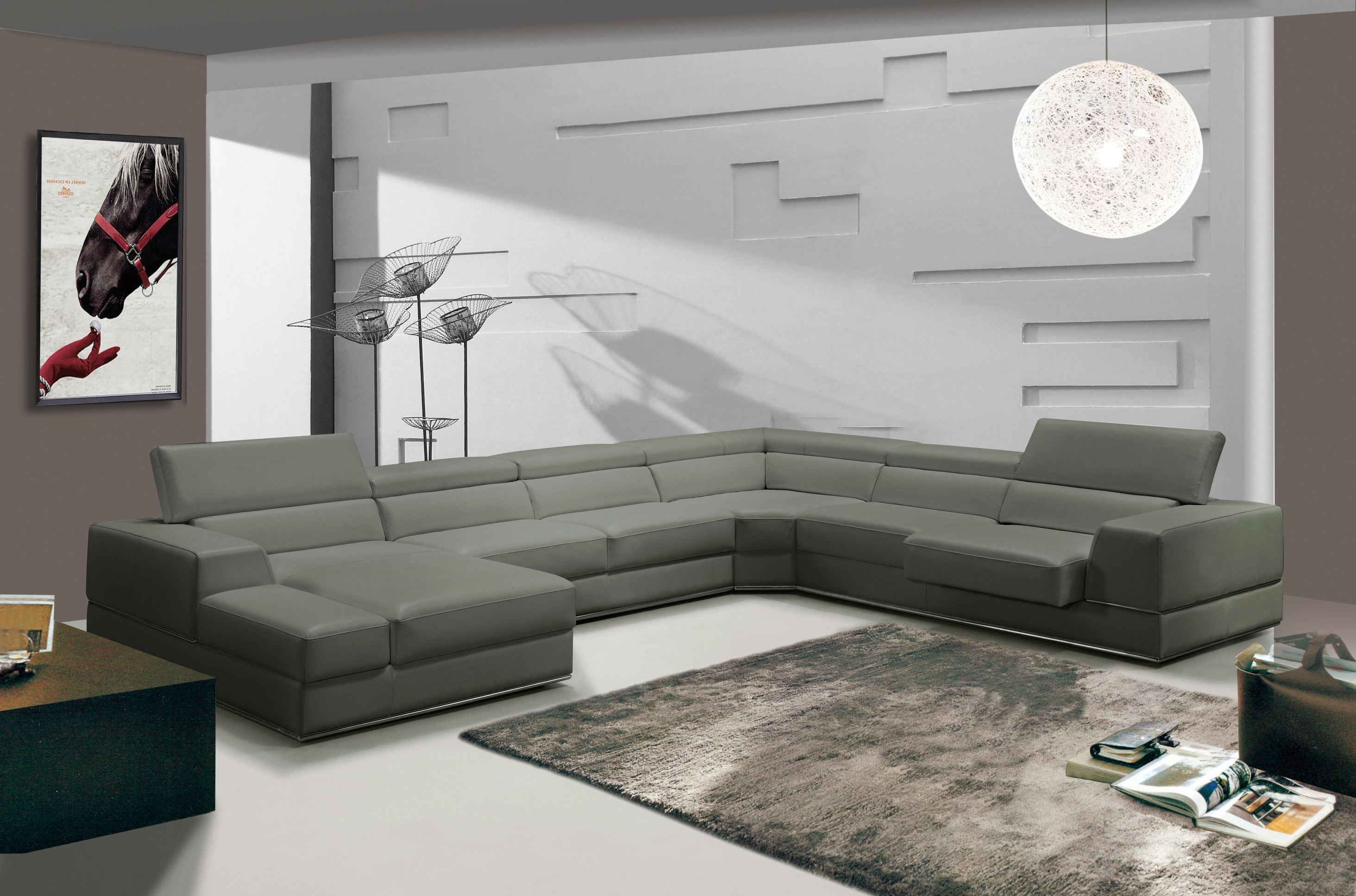 Divani Casa Pella - Modern Grey Italian Leather U Shaped Sectional Sofa-Sectional Sofa-VIG-Wall2Wall Furnishings