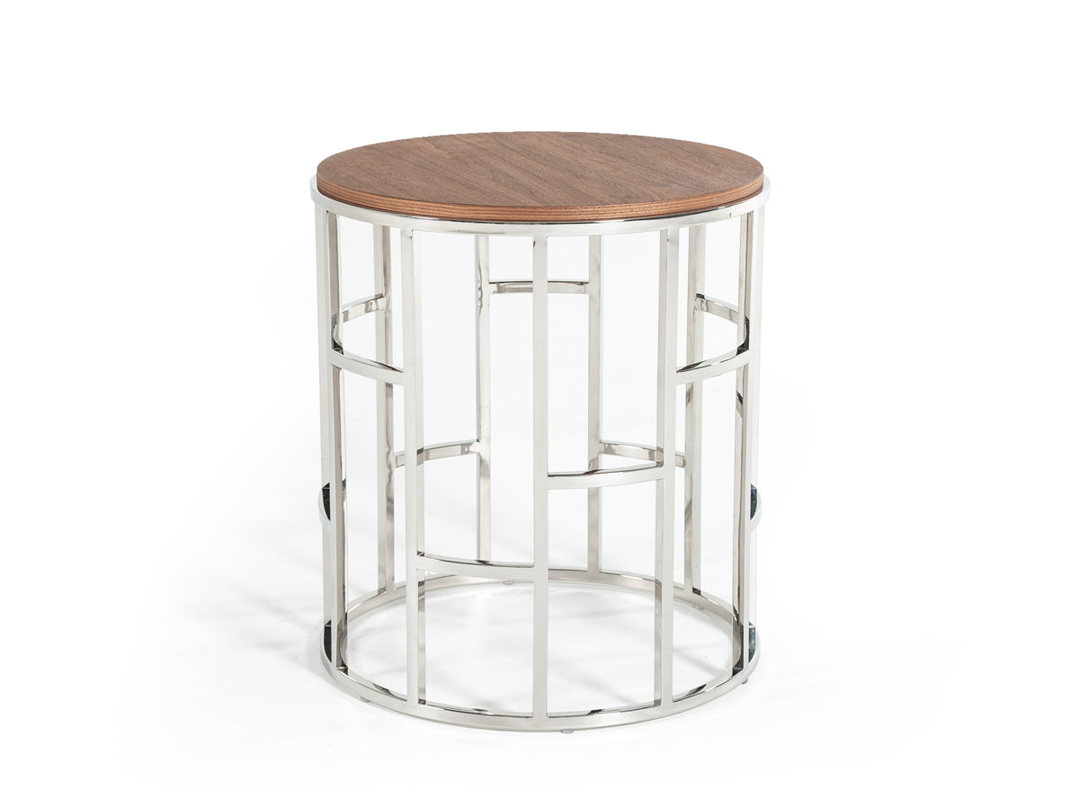 Modrest Silvia Modern Walnut & Stainless Steel End Table-End Table-VIG-Wall2Wall Furnishings
