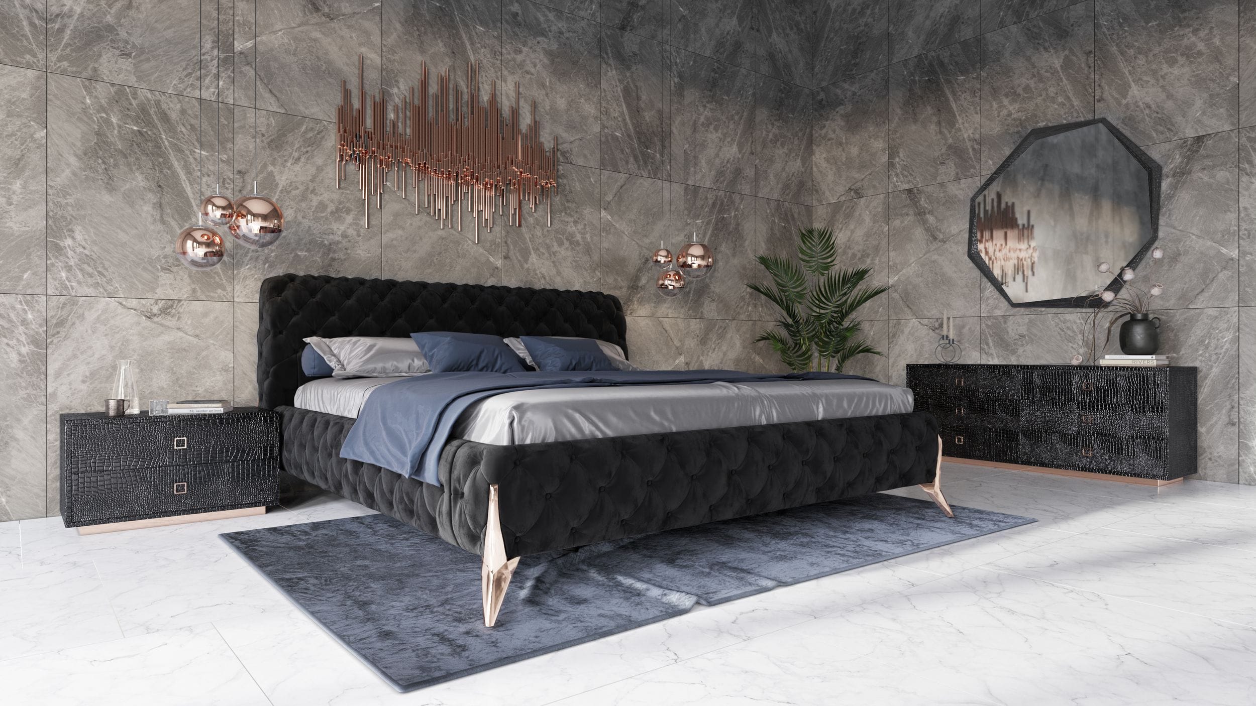 Modrest Legend - Modern Black Velvet & Rosegold Bed-Bed-VIG-Wall2Wall Furnishings