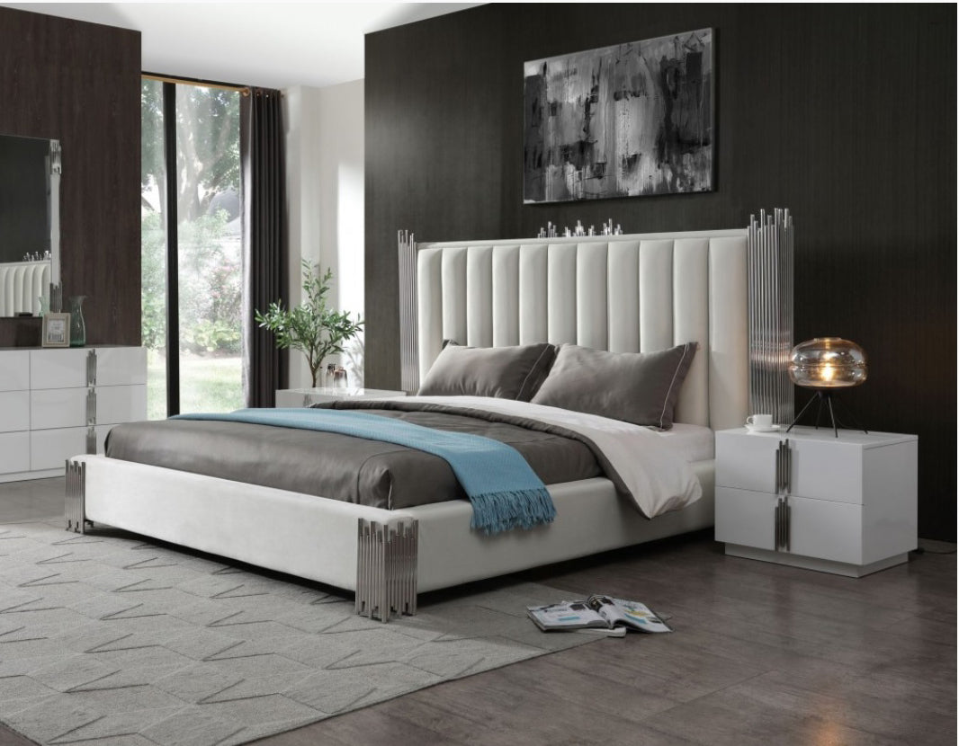 Modrest Token - Modern White + Stainless Steel Bed + Nightstands-Bedroom Set-VIG-Wall2Wall Furnishings